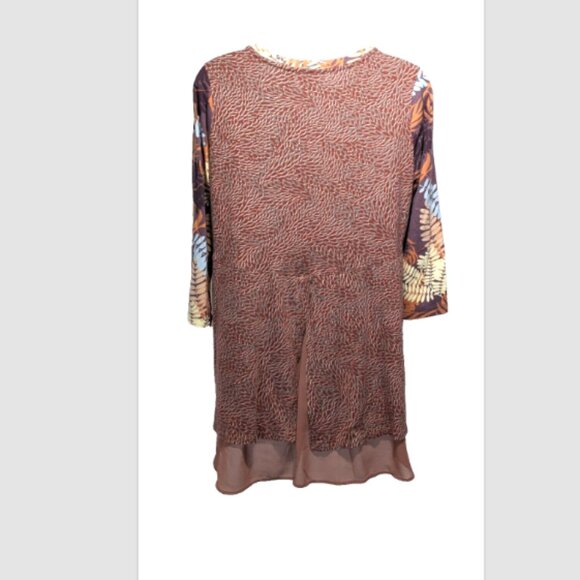 Logo Lori Goldstein Mixed Print 3/4 Sleeve Knit Top Chiffon Hem Small - Picture 2 of 2